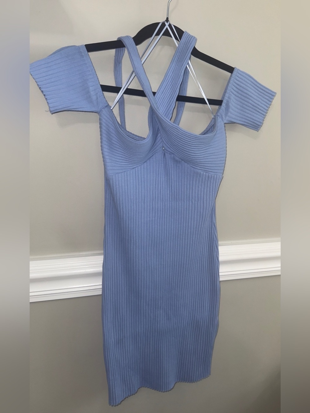 Zara Sky Blue Ribbed One-Shoulder Cross-Neck Bodycon Dress Small - Picture 5 of 7